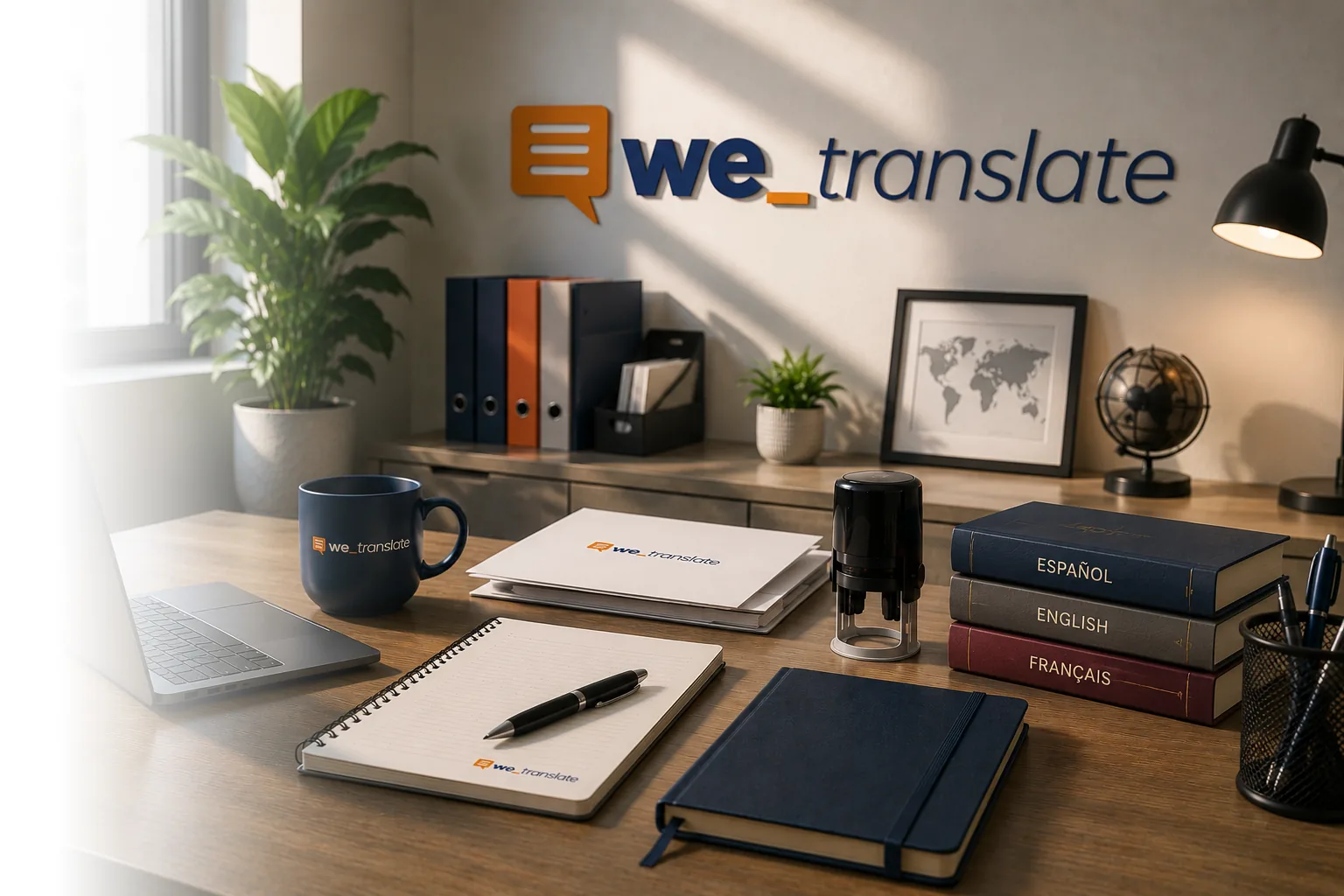 Oficina de WeTranslate con documentación profesional de traducción